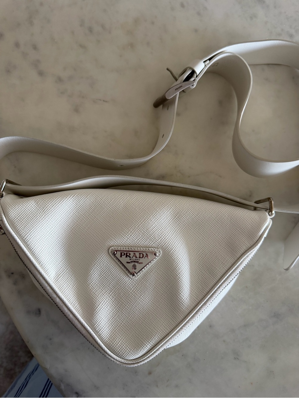 Prada Cream Textured Triangle Crossbody Bag